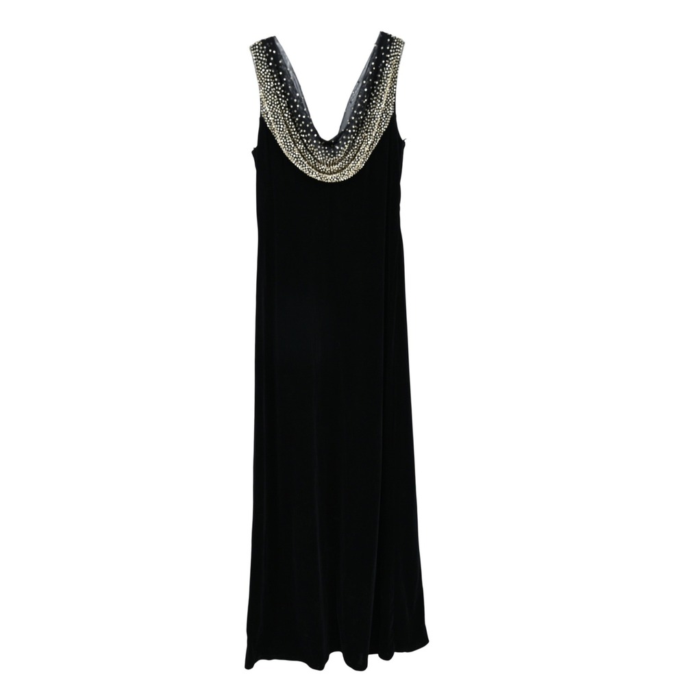 VTG Y2K Cachet Black Column Evening Gown Gold Beaded Mesh Illusion Dress 12